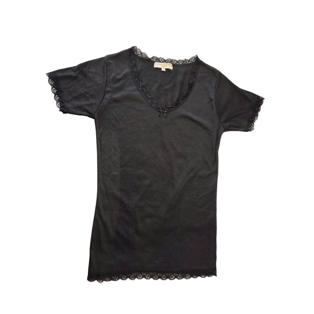 Jean-Louis Scherrer Paris 90s Black Cotton Short Slv Tee Sz S Lace Trim VNeck